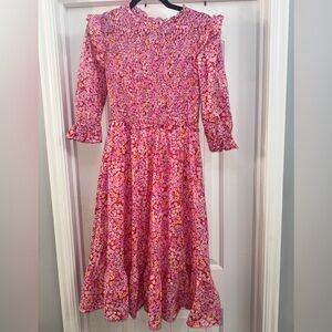 Karlie, Smocked Bodice, Ruffle Floral Pink Midi Dress (M)